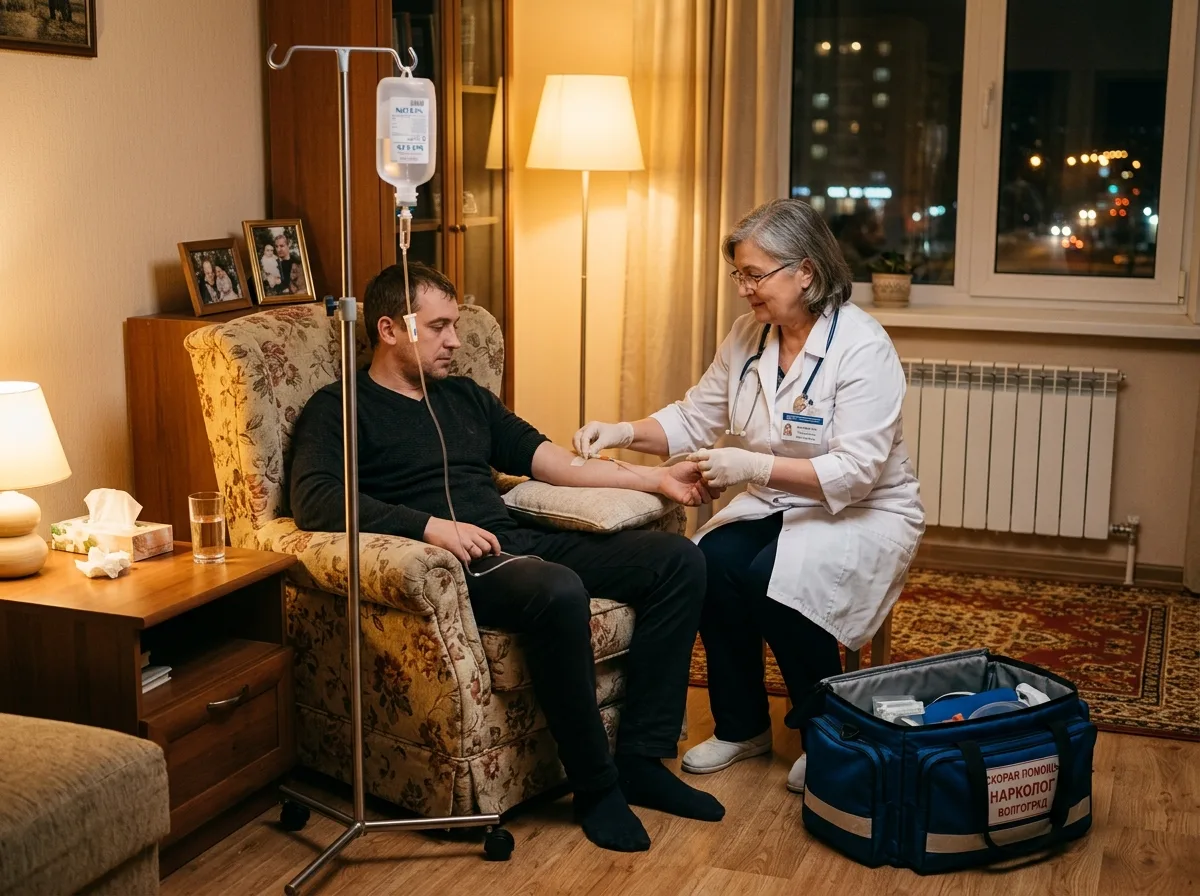 Опытный врач-нарколог в белом халате ставит капельницу пациенту дома в Волгограде, медицинский чемоданчик рядом, тёплое освещение, спокойная обстановка
